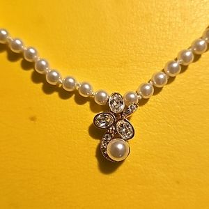 Pearl Necklace *Faux w/Pearl & Rhinestone Pendant, Gold-Tone, 14"-16" Adjustable